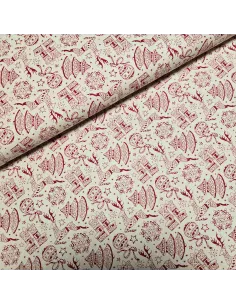 Tissu, Coton Imprimé Rennes Noël, Écru et Rouge, Laize 145 cm, 100% Coton