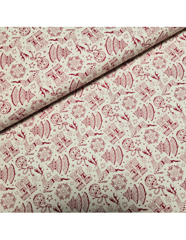 Tissu, Coton Imprimé Rennes Noël, Écru et Rouge, Laize 145 cm, 100% Coton