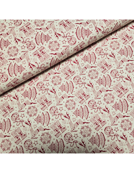 Tissu, Coton Imprimé Rennes Noël, Écru et Rouge, Laize 145 cm, 100% Coton