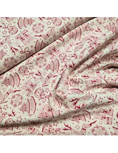Tissu, Coton Imprimé Rennes Noël, Écru et Rouge, Laize 145 cm, 100% Coton 2