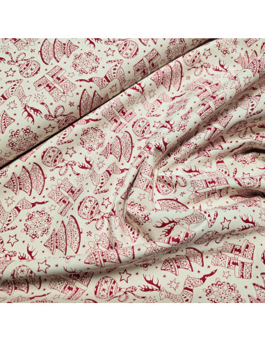 Tissu, Coton Imprimé Rennes Noël, Écru et Rouge, Laize 145 cm, 100% Coton