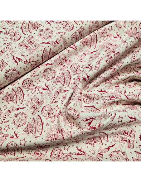 Tissu, Coton Imprimé Rennes Noël, Écru et Rouge, Laize 145 cm, 100% Coton