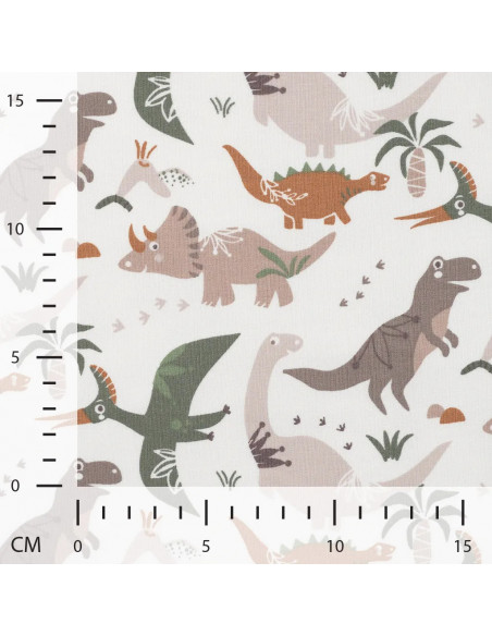 Tissu, French Terry Dinosaures, Multicolore sur Blanc, Laize 145 cm, Coton Stretch Oeko-Tex