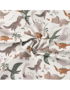 Tissu, French Terry Dinosaures, Multicolore sur Blanc, Laize 145 cm, Coton Stretch Oeko-Tex 2