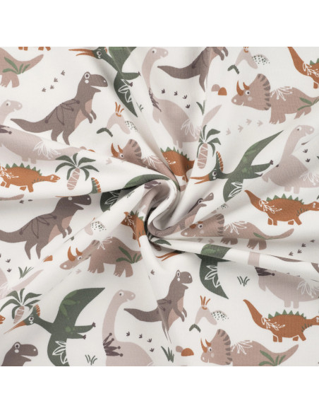 Tissu, French Terry Dinosaures, Multicolore sur Blanc, Laize 145 cm, Coton Stretch Oeko-Tex
