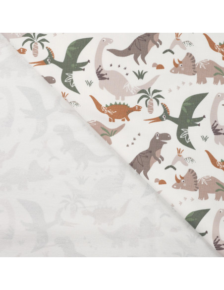 Tissu, French Terry Dinosaures, Multicolore sur Blanc, Laize 145 cm, Coton Stretch Oeko-Tex