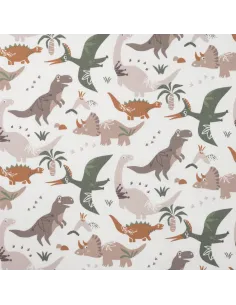 Tissu, French Terry Dinosaures, Multicolore sur Blanc, Laize 145 cm, Coton Stretch Oeko-Tex