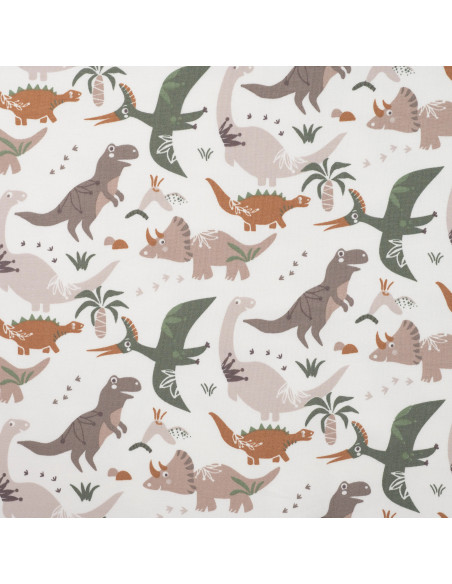 Tissu, French Terry Dinosaures, Multicolore sur Blanc, Laize 145 cm, Coton Stretch Oeko-Tex