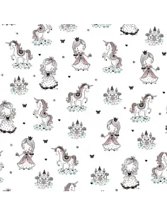 Tissu, Jersey de Coton Imprimé Princesses et Licornes, Monde Féerique, Laize 150 cm, Coton Stretch Oeko-Tex