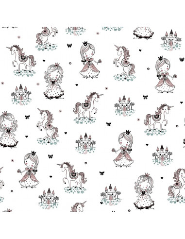 Tissu, Jersey de Coton Imprimé Princesses et Licornes, Monde Féerique, Laize 150 cm, Coton Stretch Oeko-Tex