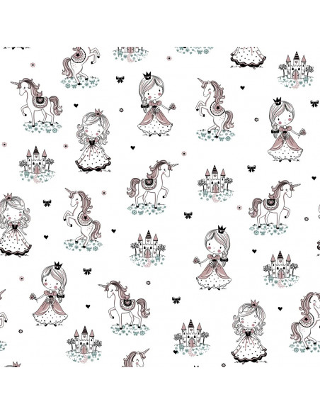 Tissu, Jersey de Coton Imprimé Princesses et Licornes, Monde Féerique, Laize 150 cm, Coton Stretch Oeko-Tex