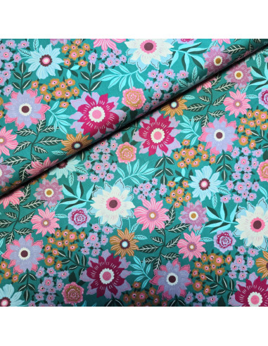 Tissu, Popeline de Coton Fleurie, Floral Multicolore, Laize 150 cm, 100% Coton 160g/m²