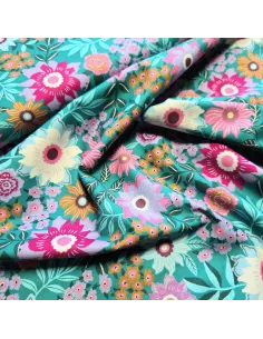 Tissu, Popeline de Coton Fleurie, Floral Multicolore, Laize 150 cm, 100% Coton 160g/m² 2