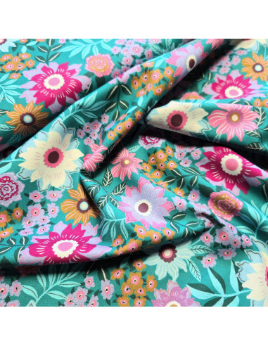 Tissu, Popeline de Coton Fleurie, Floral Multicolore, Laize 150 cm, 100% Coton 160g/m²