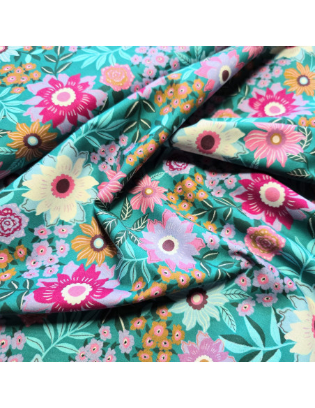 Tissu, Popeline de Coton Fleurie, Floral Multicolore, Laize 150 cm, 100% Coton 160g/m²