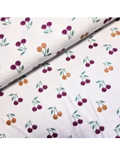 Tissu, Jersey de Coton Imprimé Cerises Pailletées, Rouge Scintillant, Laize 150 cm, Coton Stretch Oeko-Tex