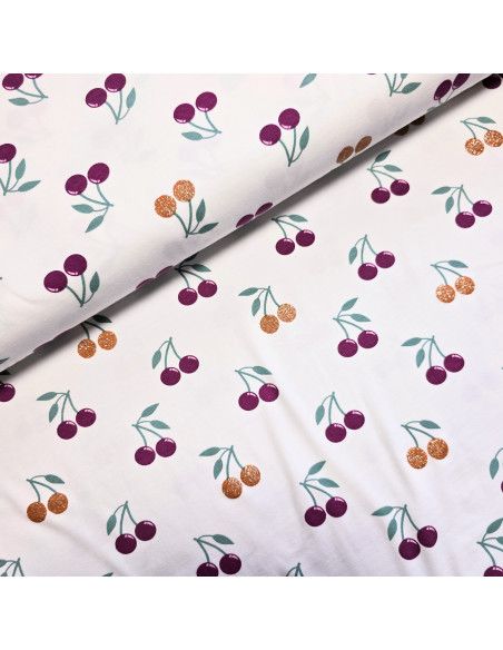 Tissu, Jersey de Coton Imprimé Cerises Pailletées, Rouge Scintillant, Laize 150 cm, Coton Stretch Oeko-Tex