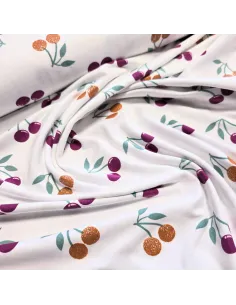 Tissu, Jersey de Coton Imprimé Cerises Pailletées, Rouge Scintillant, Laize 150 cm, Coton Stretch Oeko-Tex 2