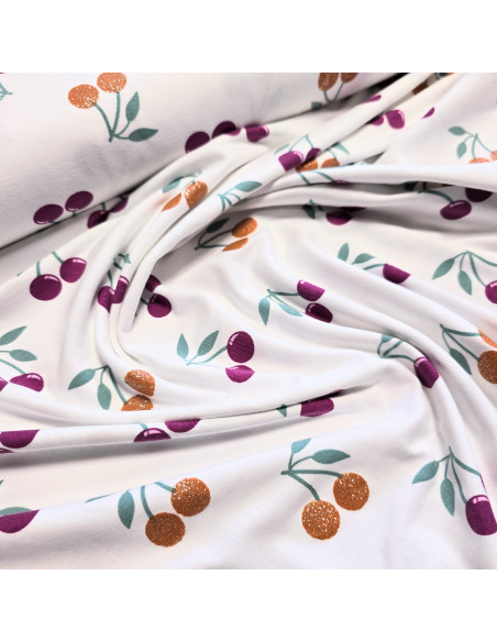 Tissu, Jersey de Coton Imprimé Cerises Pailletées, Rouge Scintillant, Laize 150 cm, Coton Stretch Oeko-Tex
