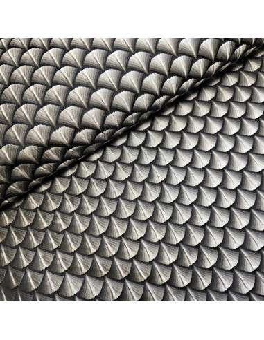 Tissu, Jacquard Éventails, Argent sur Fond Noir, Laize 150 cm, 100% Polyester 320g/ml