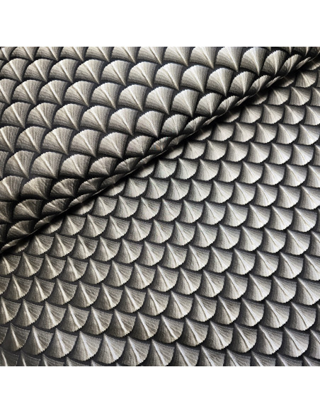 Tissu, Jacquard Éventails, Argent sur Fond Noir, Laize 150 cm, 100% Polyester 320g/ml