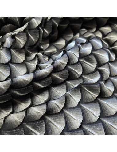 Tissu, Jacquard Éventails, Argent sur Fond Noir, Laize 150 cm, 100% Polyester 320g/ml