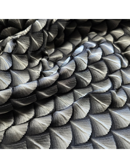 Tissu, Jacquard Éventails, Argent sur Fond Noir, Laize 150 cm, 100% Polyester 320g/ml