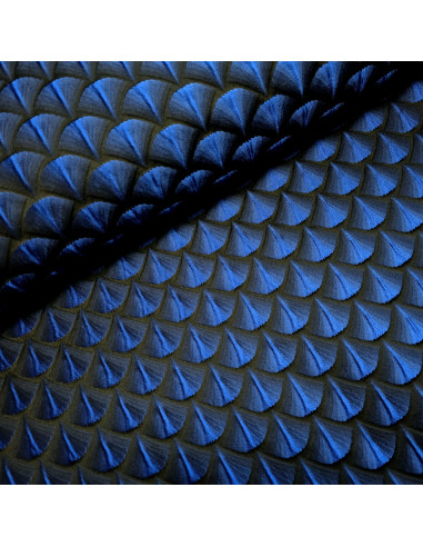 Tissu, Jacquard Éventails, Bleu et Multicolore sur Fond Noir, Laize 150 cm, 80% Polyester 20% Lurex 320g/ml