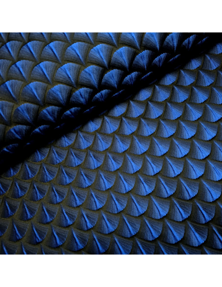 Tissu, Jacquard Éventails, Bleu et Multicolore sur Fond Noir, Laize 150 cm, 80% Polyester 20% Lurex 320g/ml