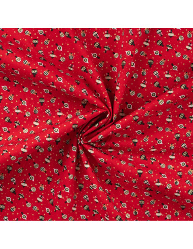 Tissu, Coton de Noël Ornements, Rouge et Écru, Laize 145 cm, 100% Coton