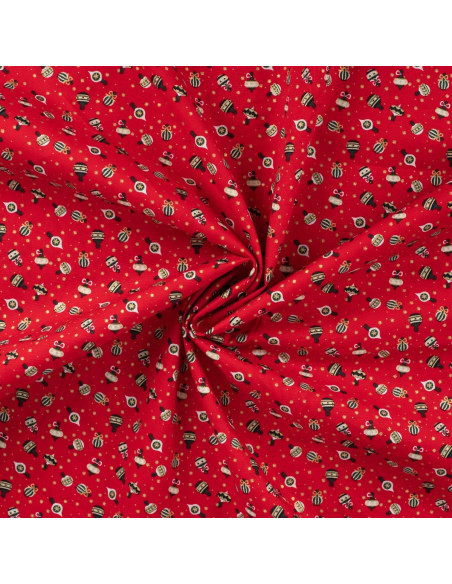 Tissu, Coton de Noël Ornements, Rouge et Écru, Laize 145 cm, 100% Coton