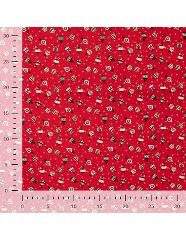 Tissu, Coton de Noël Ornements, Rouge et Écru, Laize 145 cm, 100% Coton