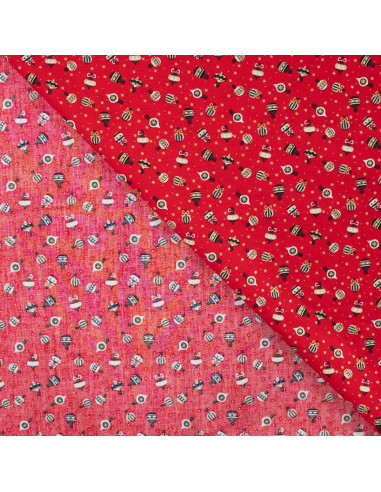 Tissu, Coton de Noël Ornements, Rouge et Écru, Laize 145 cm, 100% Coton