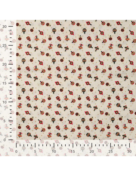 Tissu, Coton de Noël Ornements Dorés, Écru, Laize 145 cm, 100% Coton Oeko-Tex