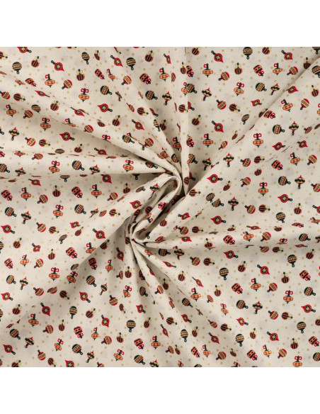 Tissu, Coton de Noël Ornements Dorés, Écru, Laize 145 cm, 100% Coton Oeko-Tex