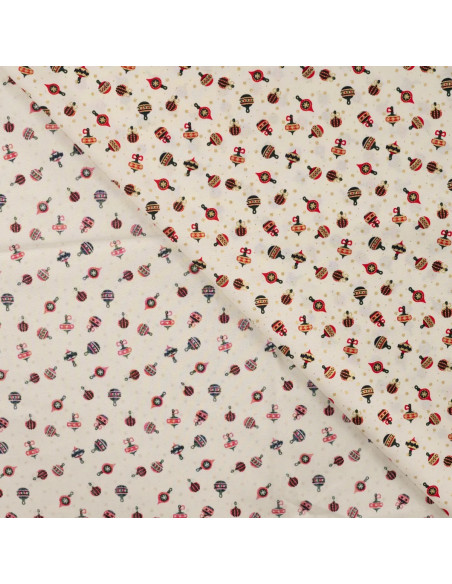 Tissu, Coton de Noël Ornements Dorés, Écru, Laize 145 cm, 100% Coton Oeko-Tex
