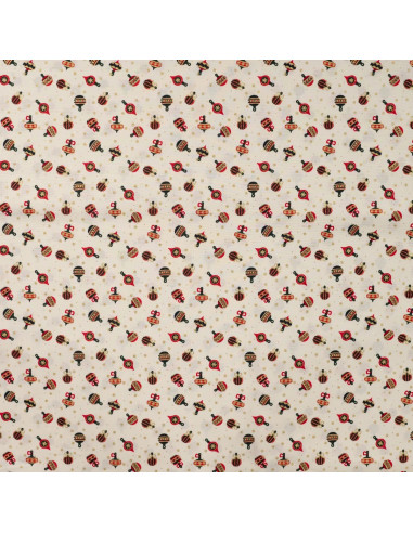 Tissu, Coton de Noël Ornements Dorés, Écru, Laize 145 cm, 100% Coton Oeko-Tex