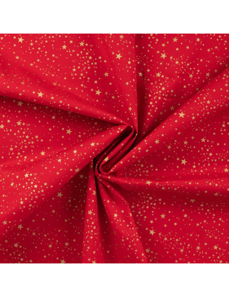 Tissu, Coton Noël Étoiles Dorées, Rouge, Laize 145 cm, 100% Coton Oeko-Tex