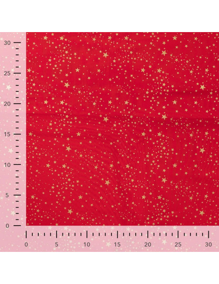 Tissu, Coton Noël Étoiles Dorées, Rouge, Laize 145 cm, 100% Coton Oeko-Tex