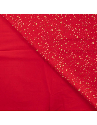 Tissu, Coton Noël Étoiles Dorées, Rouge, Laize 145 cm, 100% Coton Oeko-Tex