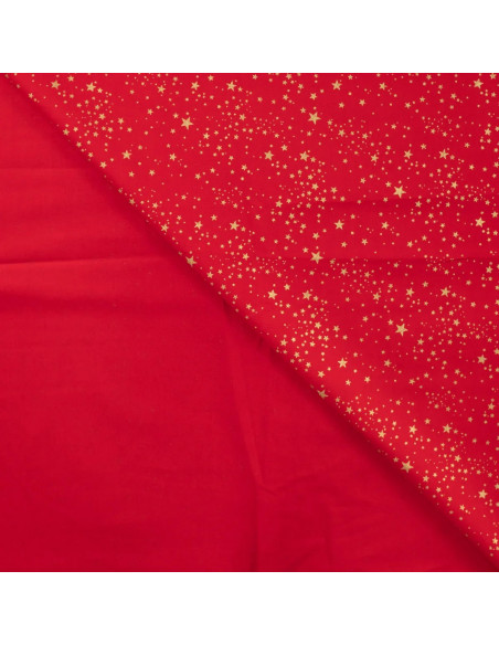 Tissu, Coton Noël Étoiles Dorées, Rouge, Laize 145 cm, 100% Coton Oeko-Tex
