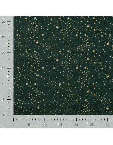 Tissu, Coton Imprimé Noël Étoiles Dorées, Vert Sapin, Laize 145 cm, 100% Coton