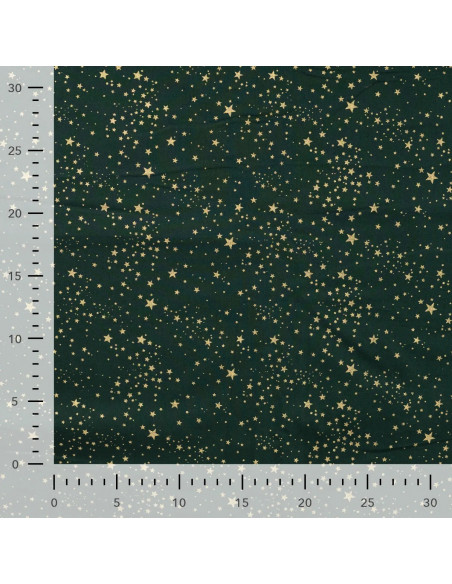 Tissu, Coton Imprimé Noël Étoiles Dorées, Vert Sapin, Laize 145 cm, 100% Coton