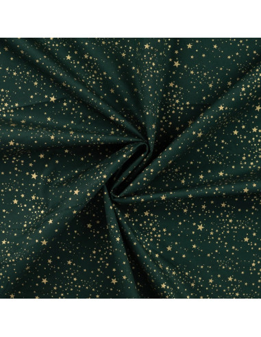 Tissu, Coton Imprimé Noël Étoiles Dorées, Vert Sapin, Laize 145 cm, 100% Coton