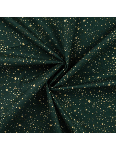Tissu, Coton Imprimé Noël Étoiles Dorées, Vert Sapin, Laize 145 cm, 100% Coton