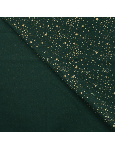 Tissu, Coton Imprimé Noël Étoiles Dorées, Vert Sapin, Laize 145 cm, 100% Coton