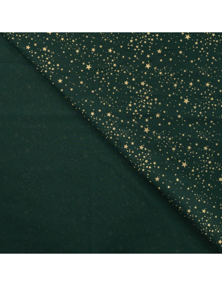 Tissu, Coton Imprimé Noël Étoiles Dorées, Vert Sapin, Laize 145 cm, 100% Coton