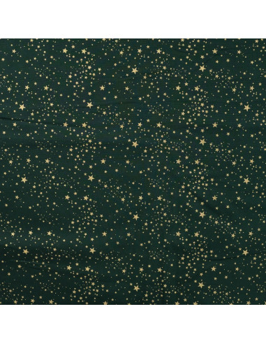 Tissu, Coton Imprimé Noël Étoiles Dorées, Vert Sapin, Laize 145 cm, 100% Coton