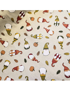 Tissu, Demi-natté Aspect Lin, Gnomes Multicolore, Laize 140 cm, 80% Coton 20% Polyester 205g/m²