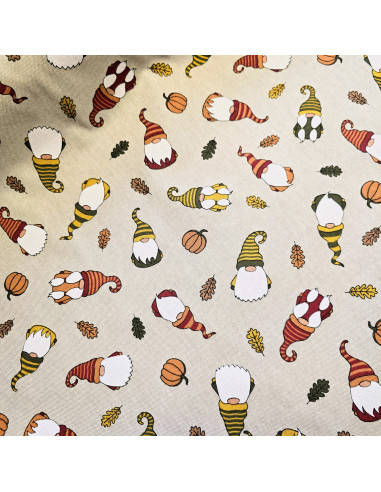 Tissu, Demi-natté Aspect Lin, Gnomes Multicolore, Laize 140 cm, 80% Coton 20% Polyester 205g/m²